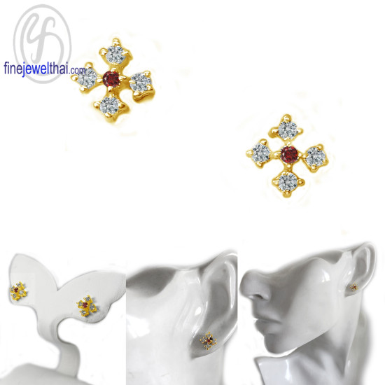 ต่างหูโกเมน-ต่างหูเงิน-เพชรสังเคราะห์-เงินแท้925-E1049gm ต่างหูโกเมน-ต่างหูเงิน-เพชรสังเคราะห์-เงินแท้925-E1049gm