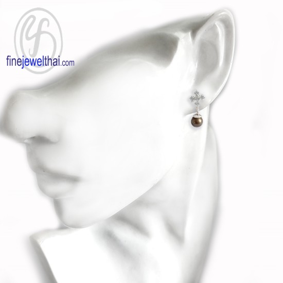 ต่างหูมุก-ต่างหูเพชร-มุกสีดำ-ต่างหูเงินแท้-finejewelthai-E3024pl