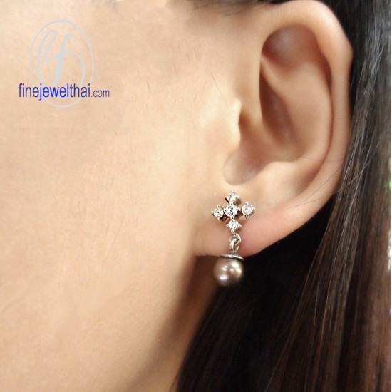 ต่างหูมุก-ต่างหูเพชร-มุกสีดำ-ต่างหูเงินแท้-finejewelthai-E3024pl