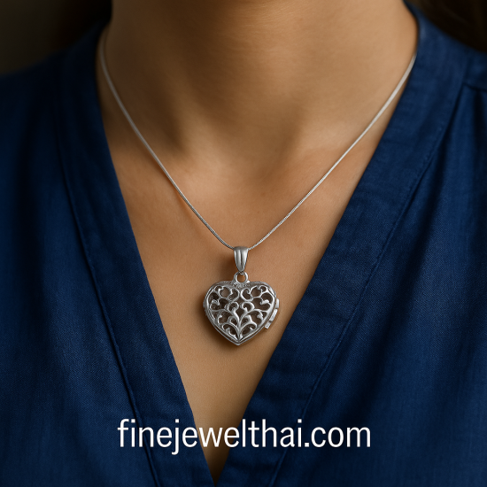 Finejewelthai-ล็อกเก็ต-ทรงหัวใจ-ล็อกเก็ตเงินแท้-แกะสลักอักษร-ล็อกเก็ตใส่รูป-P121500