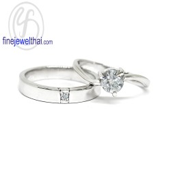 Finejewelthai-แหวนคู่-แหวนเพชร-แหวนเงินแท้-เพชรสังเคราะห์-แหวนแต่งงาน-ชุบทองคำขาว-R1005-1016cz