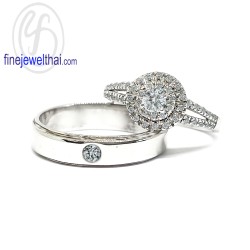 Finejewelthai-แหวนคู่-แหวนเพชร-แหวนเงินแท้-เพชรสังเคราะห์-แหวนแต่งงาน-ชุบทองคำขาว-R1086-1210cz